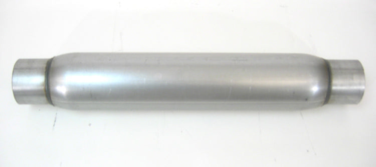 DYNOMAX Race Magnum Muffler Part Number 24219 with 3 Inch Center Inlet and Outlet, 16 Inch Round Body, Steel, Aluminumized Finish