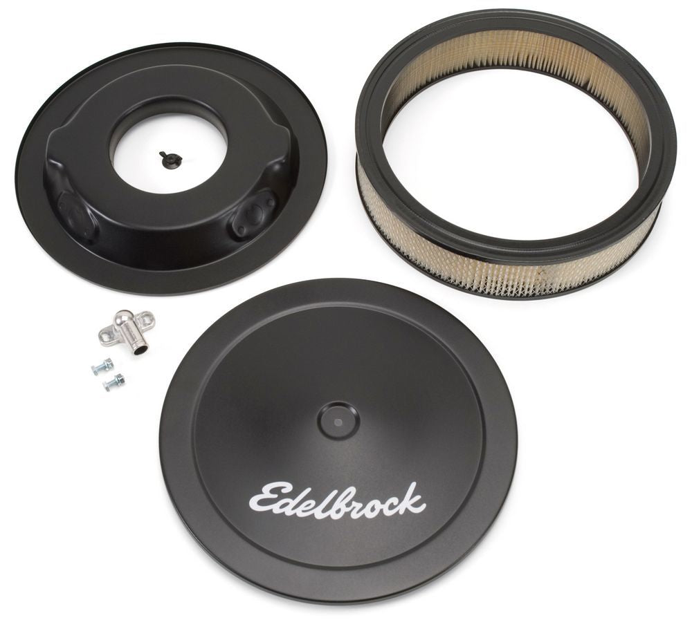 Edelbrock 1223 Signature Series 14-Inch Black Steel Air Cleaner Assembly with 3-Inch Element and Dropped Base
