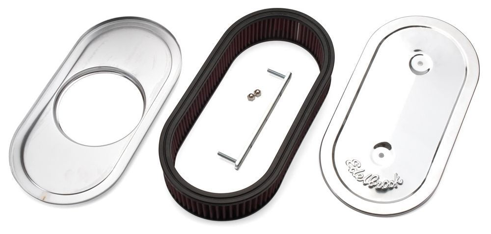Edelbrock 1236 Oval Air Cleaner for Single 4-Barrel Carbs, 13.5 x 7 Inches, Chrome Steel with Raised Base