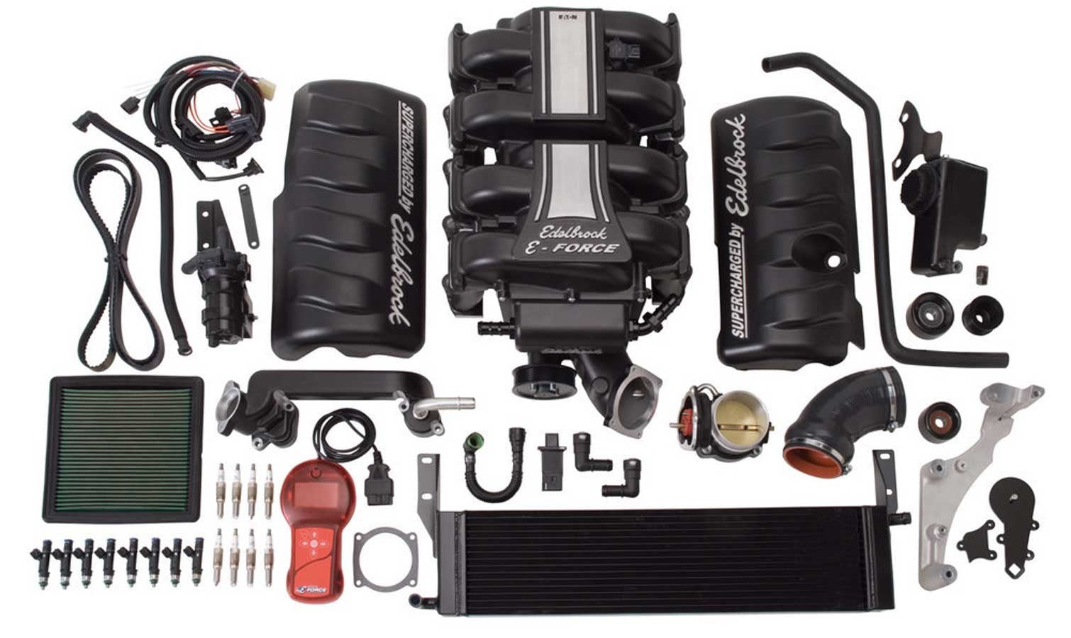 Edelbrock E-Force Supercharger Kit for Ford Mustang 4.6L V8 with TVS Roots Rotor System, Black Powder Coat Finish