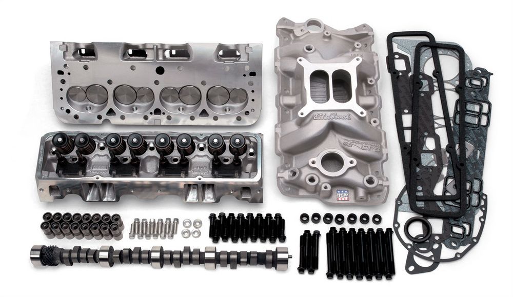 Edelbrock 2022 Small Block Chevy Power Package Top End Kit with Aluminum Cylinder Heads, Camshaft, Gaskets, Hardware, Intake Manifold, and Lifters