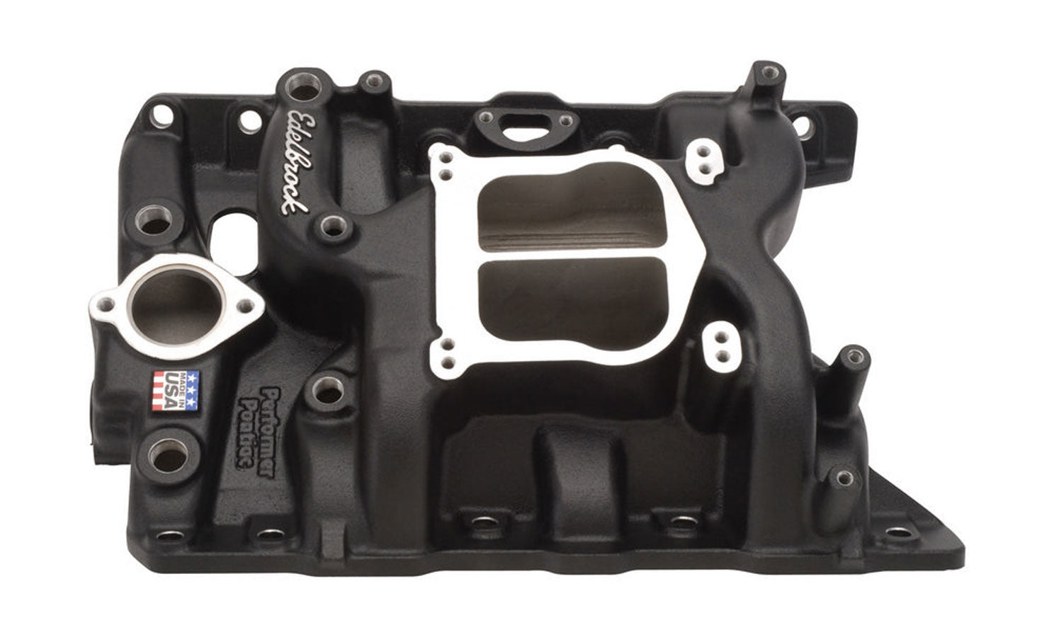 Edelbrock 21563 Performer Pontiac Intake Manifold for 326 and 455 V8 Engines, Black Aluminum Dual Plane, Spread/Square Bore