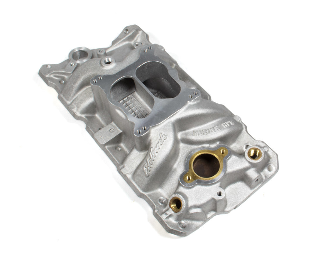 Edelbrock 2504 Performer RPM Marine Intake Manifold for Small Block Chevy, Spread/Built Square Bore, Aluminum, Natural Finish
