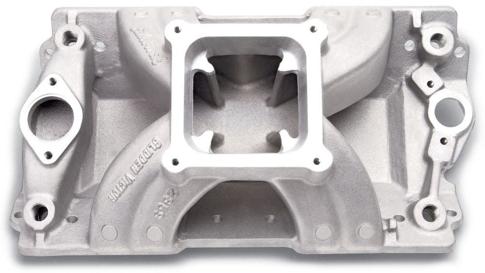 Edelbrock SBC Victor Intake Manifold 2859 for Small Block Chevy, 15-18 Degree, Dominator Flange, Aluminum, Natural Finish
