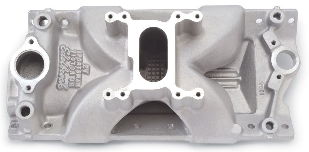 Edelbrock SBC Victor Jr. Sportsman Intake Manifold 2901 for Small Block Chevrolet, 2-Barrel Flange, Single Plane, Aluminum, Natural Finish