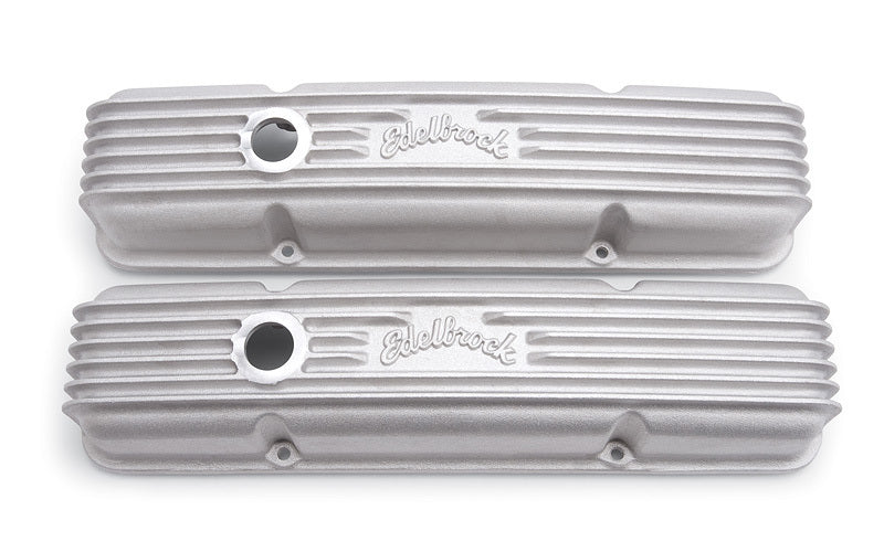 Edelbrock 41439 Valve Cover Kit for Small Block Chevy, Tall Design with Breather Hole and Edelbrock Logo, Aluminum Natural Finish, Pair