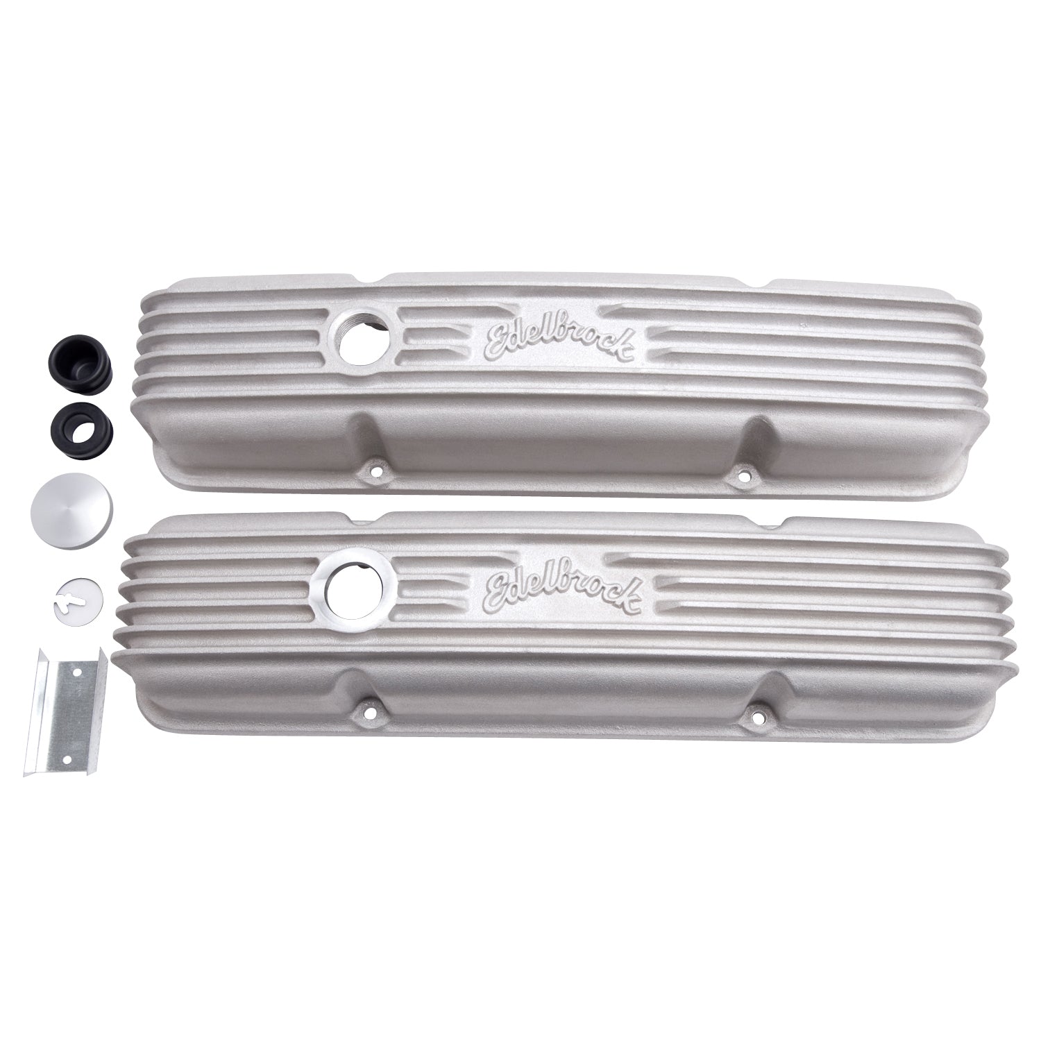 Edelbrock 41449 Valve Cover Kit for Small Block Chevy 1959-1986, Tall Finned Aluminum with Breather Hole and Satin Finish