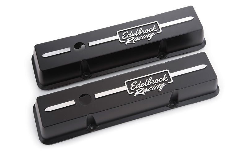 Edelbrock 41633 Valve Cover Kit Race Series Short with Breather Hole for Small Block Chevy, Aluminum, Black Powder Coat