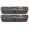 Edelbrock Part 41763 SBM Classic Tall Finned Aluminum Valve Cover with Breather Hole for Small Block Mopar, Black Powder Coat