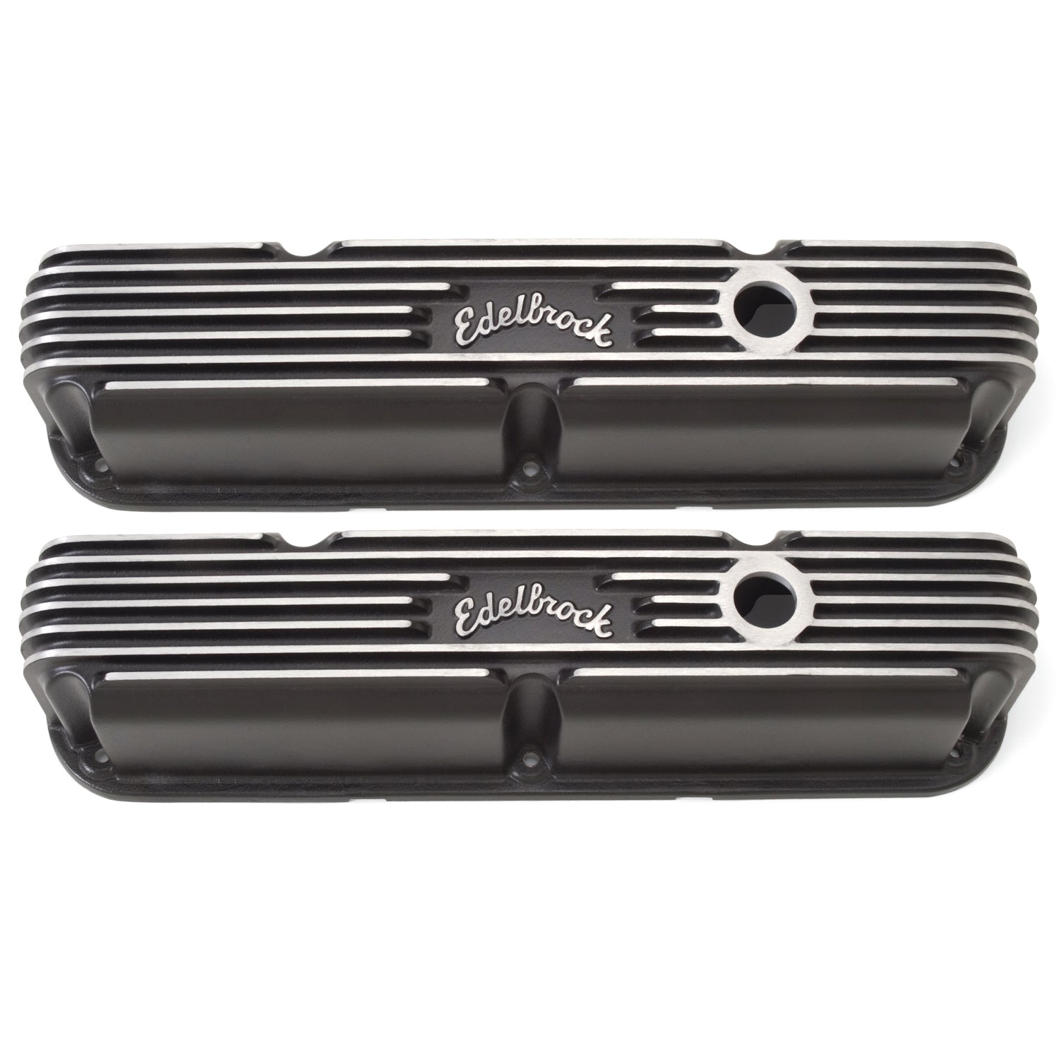 Edelbrock Part 41763 SBM Classic Tall Finned Aluminum Valve Cover with Breather Hole for Small Block Mopar, Black Powder Coat