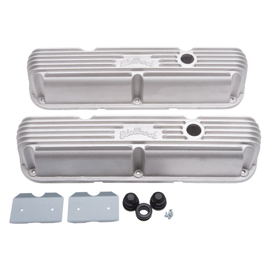Edelbrock Valve Cover Kit Classic Finned Tall with Breather Hole for Small Block Mopar, Aluminum Natural Finish