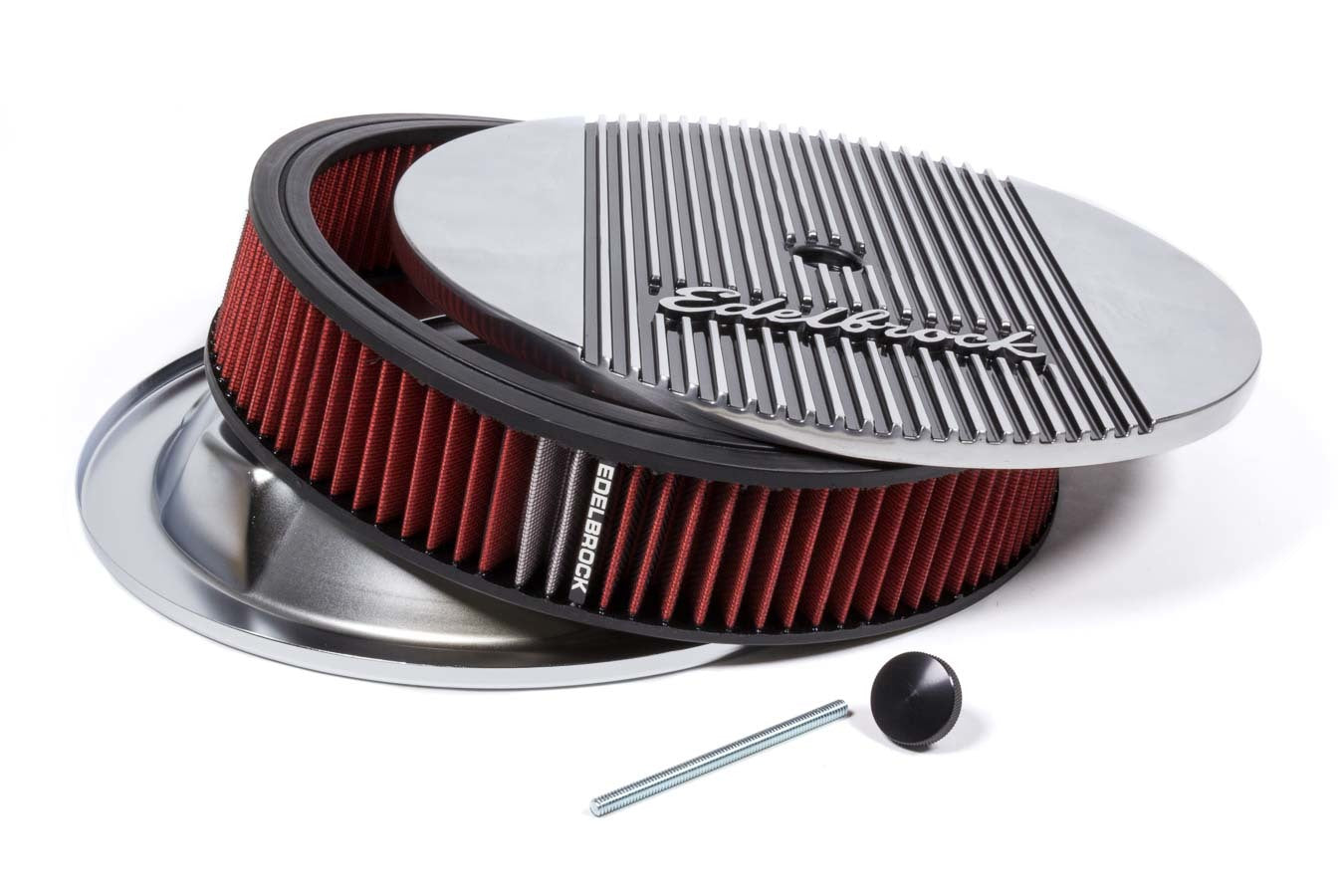 Edelbrock 4268 Elite II Series Air Cleaner Assembly, 14 Inch Round, Black and Polished Aluminum, 3 Inch Element, 5-1/8 Inch Carb Flange, Dropped Base with Finned Design