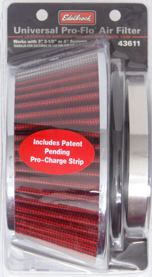 Edelbrock 43611 Pro-Flo Cone Air Filter 4.75 Inch Top Diameter, 6 Inch Base, Red and Chrome Finish