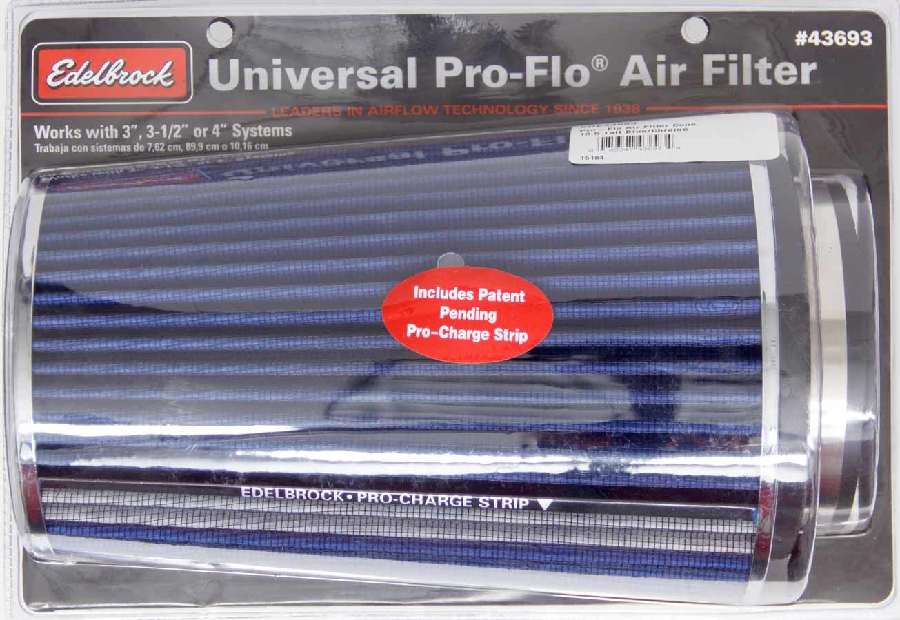 Edelbrock Pro-Flo Air Filter Cone 10.5 Inch Tall Blue Chrome Clamp-On
