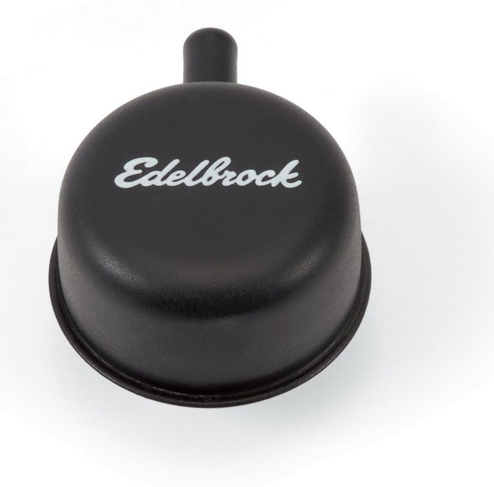 Edelbrock EDE4413 Signature Series Round Breather with Nipple, 1-1/4 Inch Hole, 3/8 Inch Hose Barb, Steel with Black Powder Coat Finish