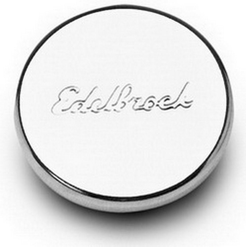 Edelbrock 4415 Chrome Oil Fill Hole Plug with Edelbrock Logo, 1-1/4 Inch Diameter, Steel, Push-In Round Design