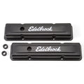Edelbrock 4443 Signature Series Short Valve Cover for Small Block Chevy, Black Powder Coat