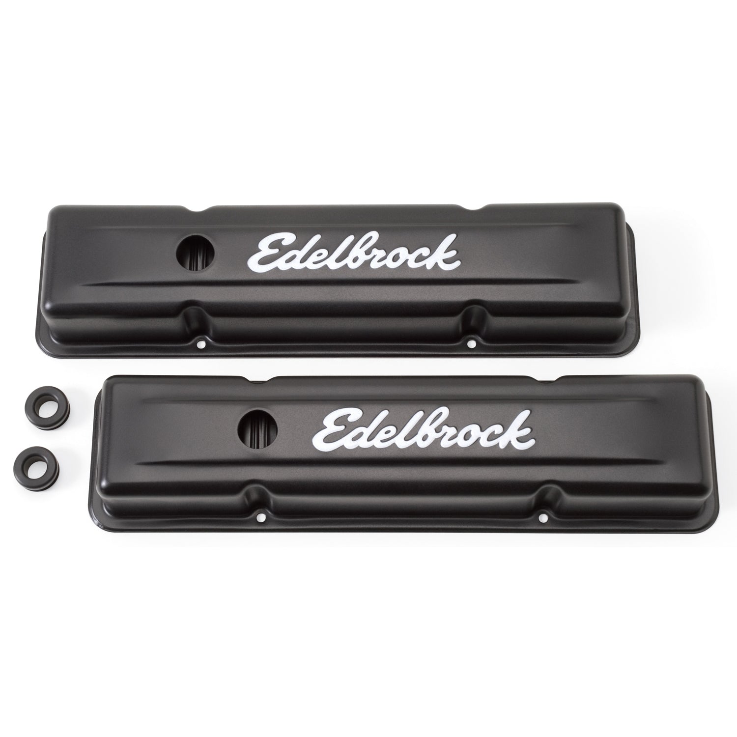 Edelbrock 4443 Signature Series Short Valve Cover for Small Block Chevy, Black Powder Coat
