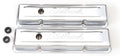 Edelbrock 4449 Signature Series Valve Cover for Small Block Chevy, Short Baffled Design with Breather Hole, Chrome Steel Pair