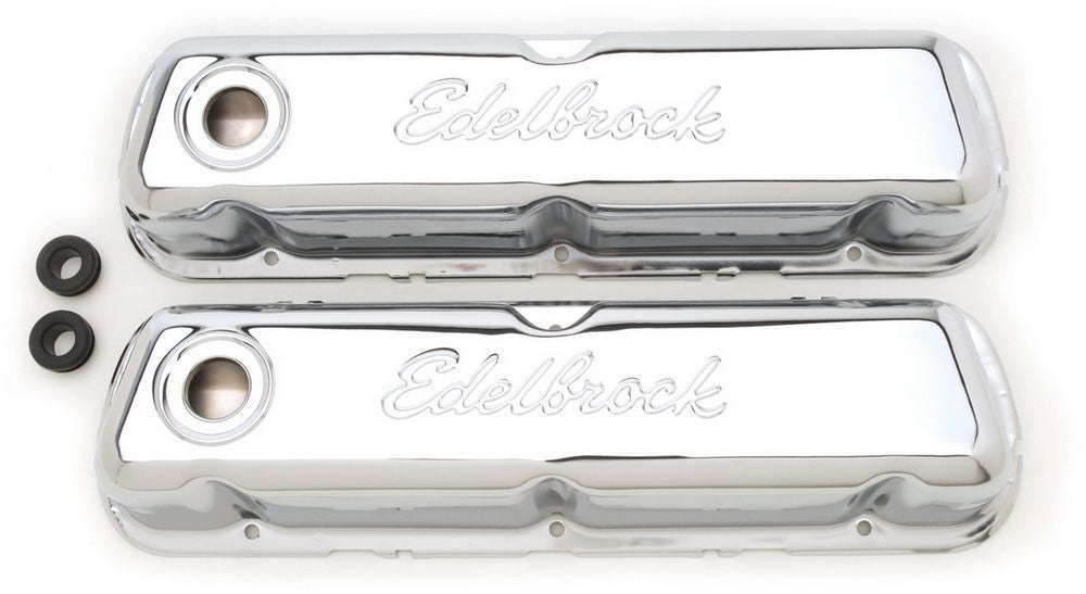 Edelbrock 4460 Signature Series Tall Valve Cover for Small Block Ford, Chrome Steel, with Breather Hole and Baffled Design