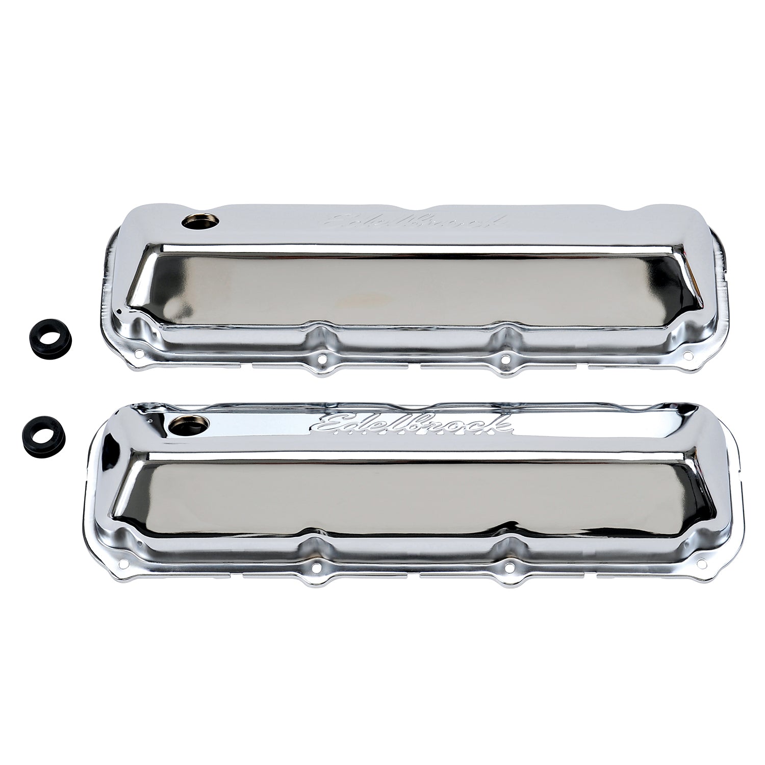 Edelbrock Signature Series Valve Cover for Big Block Ford, Chrome Steel, Short Baffled with Breather Hole and Grommets - Part 4463
