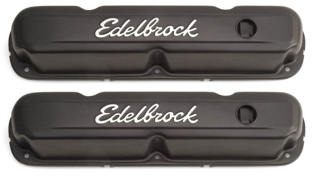 Edelbrock 4473 Signature Series Valve Cover for Small Block Mopar, Short Baffled with Breather Hole and Grommets, Black Steel