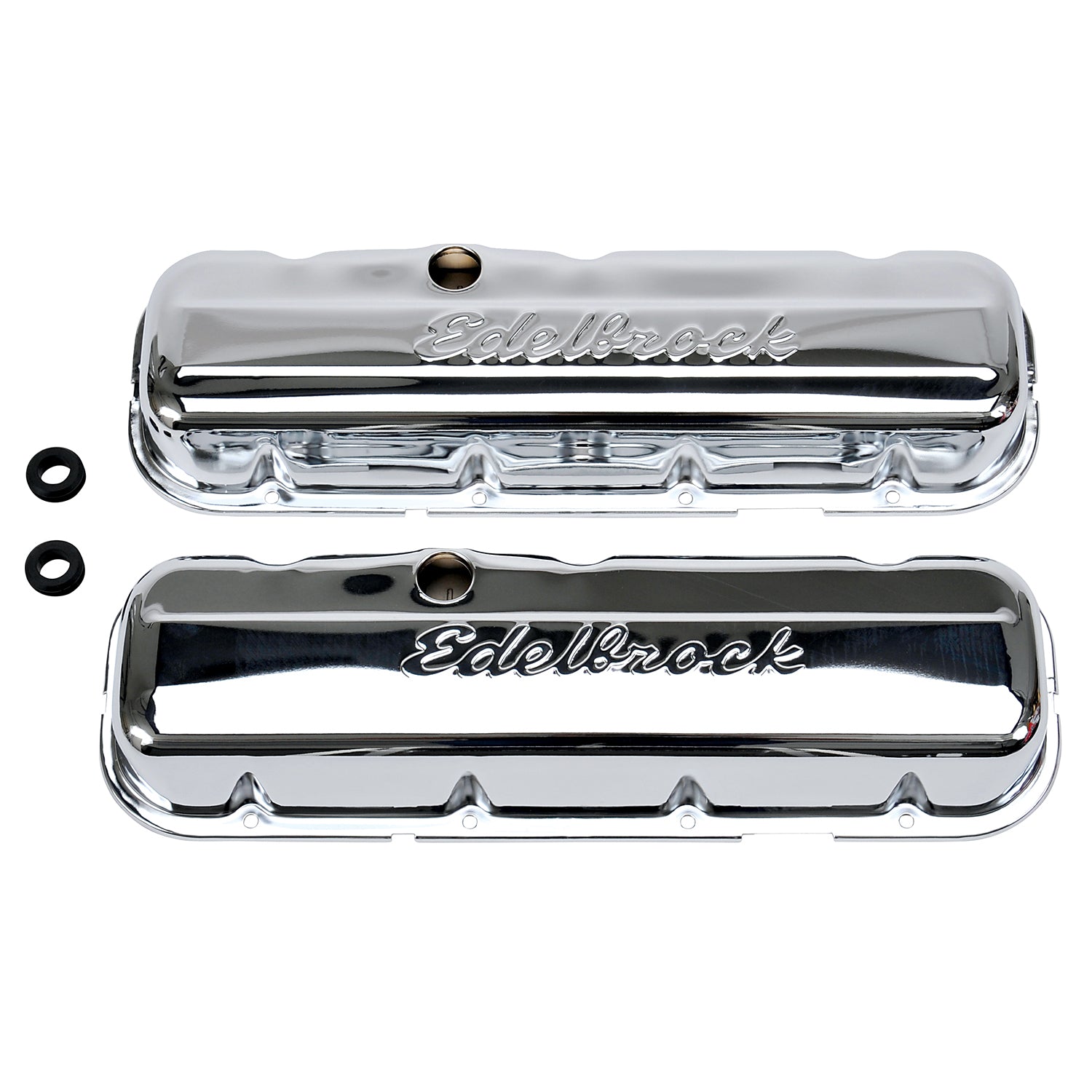 Edelbrock 4480 Signature Series Short Valve Cover for Big Block Chevy, Chrome Steel, Baffled with Breather Hole and Grommets