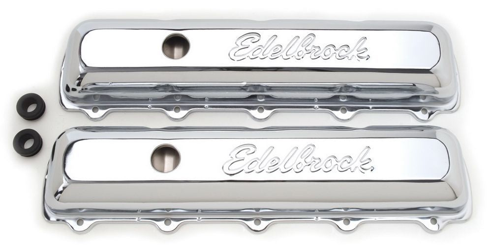 Edelbrock 4485 Signature Series Valve Cover for Oldsmobile V8, Short Baffled with Breather Hole and Grommets, Chrome Steel