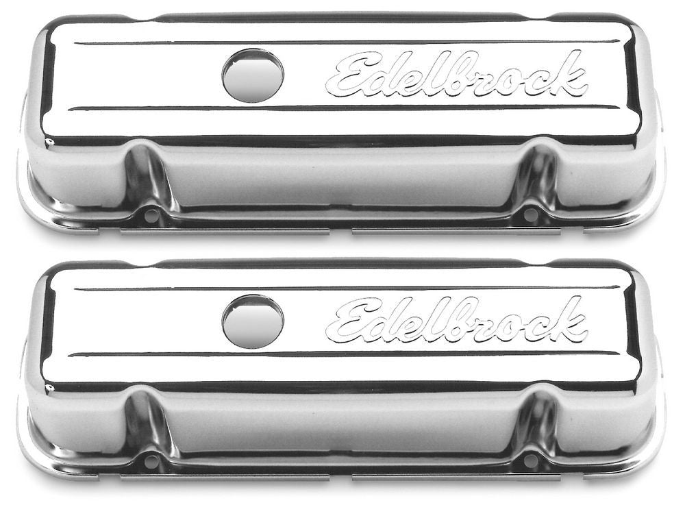 Edelbrock 4486 Signature Series Valve Cover for Buick V6 Engine, Short Baffled with Breather Hole and Chrome Finish