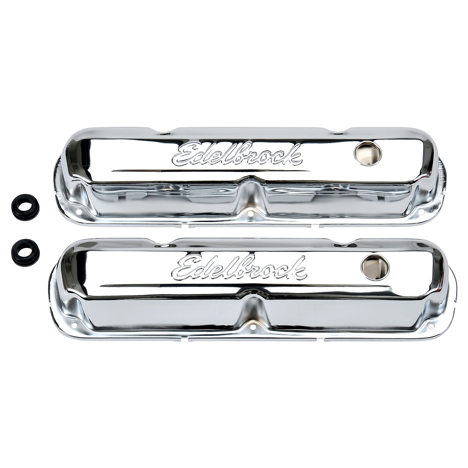 Edelbrock 4495 Signature Series Valve Cover for Small Block Mopar, Chrome Steel, Short Baffled Design with Breather Hole and Grommets