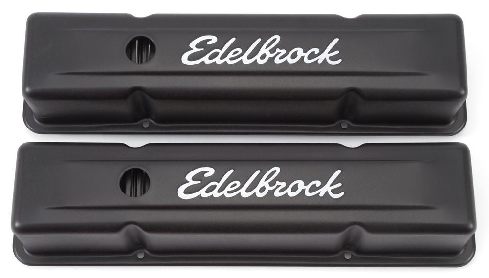 Edelbrock 4643 Signature Series Tall Valve Cover Kit for Small Block Chevy, Black Powder Coated Steel
