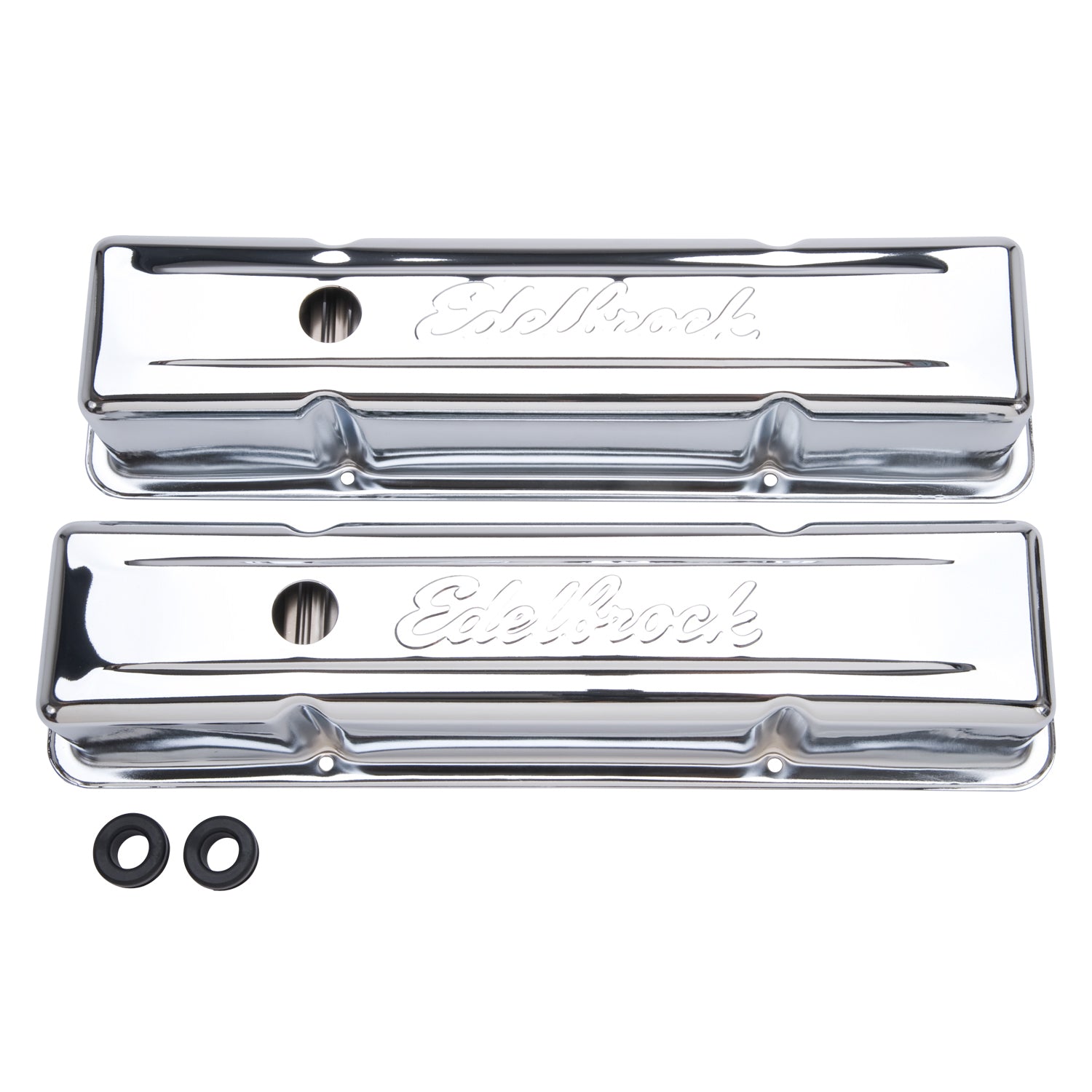 Edelbrock 4649 Signature Series Tall Valve Cover for Small Block Chevy, Chrome Steel with Baffled Design and Breather Hole