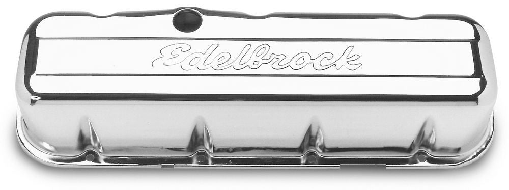 Edelbrock 4680 Signature Series Tall Valve Cover for Big Block Chevy, Chrome Steel with Baffled Design and Breather Hole Pair