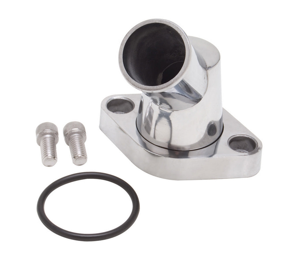 Edelbrock 4817 Chevy V8 Thermostat Housing, 45 Degree, 1-1/2 Inch ID Hose, Polished Aluminum with O-Ring and Stainless Hardware