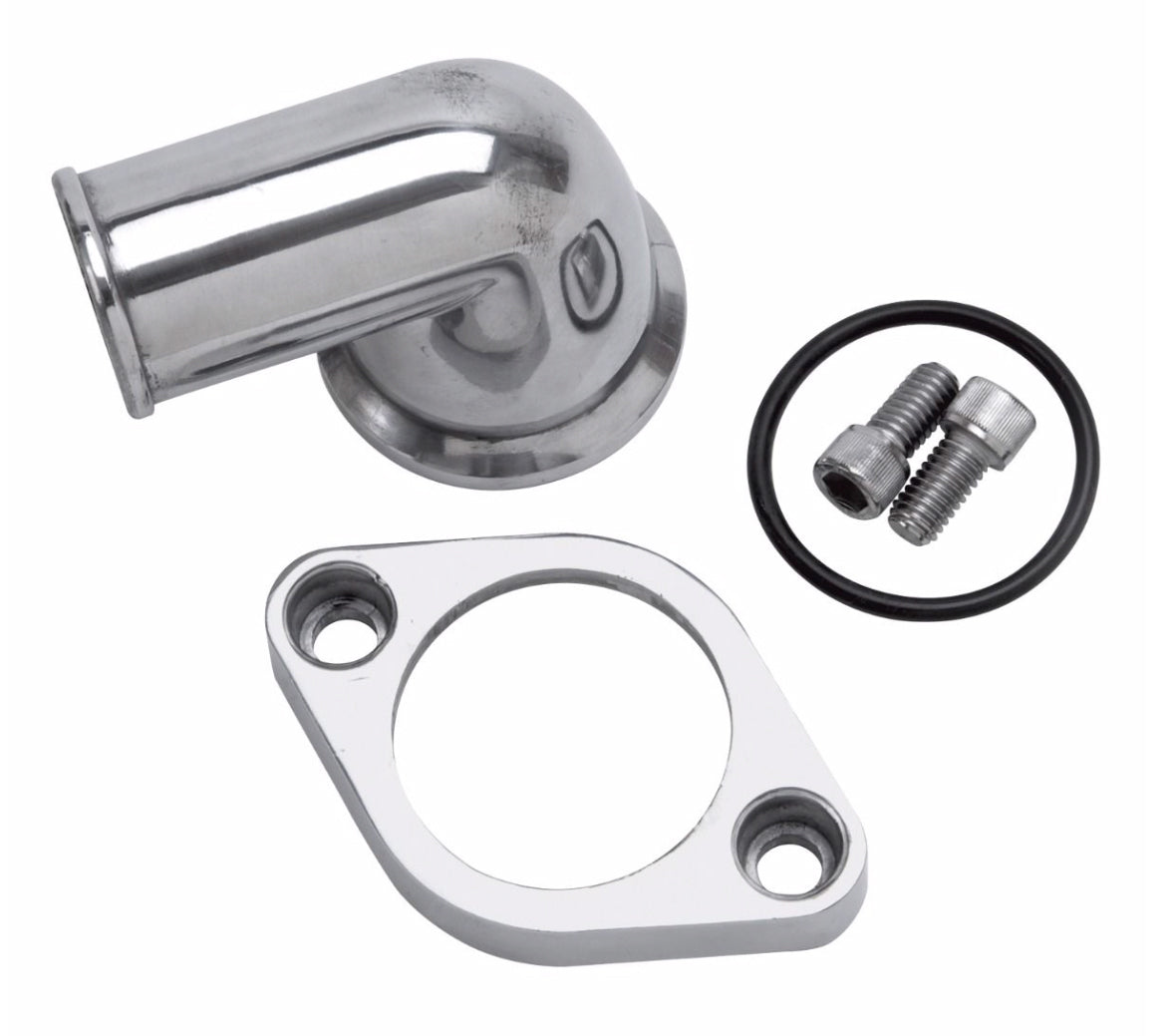 Edelbrock 4818 Chevy V8 Thermostat Housing, 90 Degree, Aluminum, Polished Finish, 1-1/2 Inch Hose Diameter