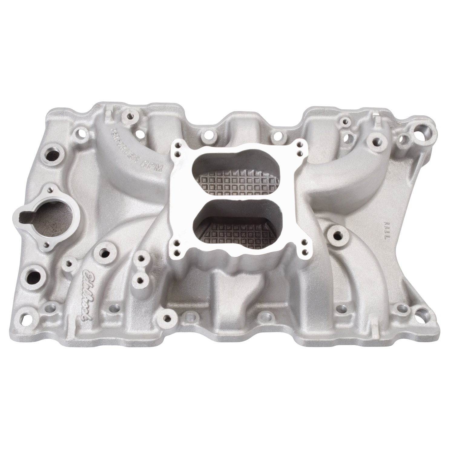 Edelbrock 7111 Olds Performer RPM Intake Manifold for 350 V8 Engines, Dual Plane, Aluminum, Natural Finish
