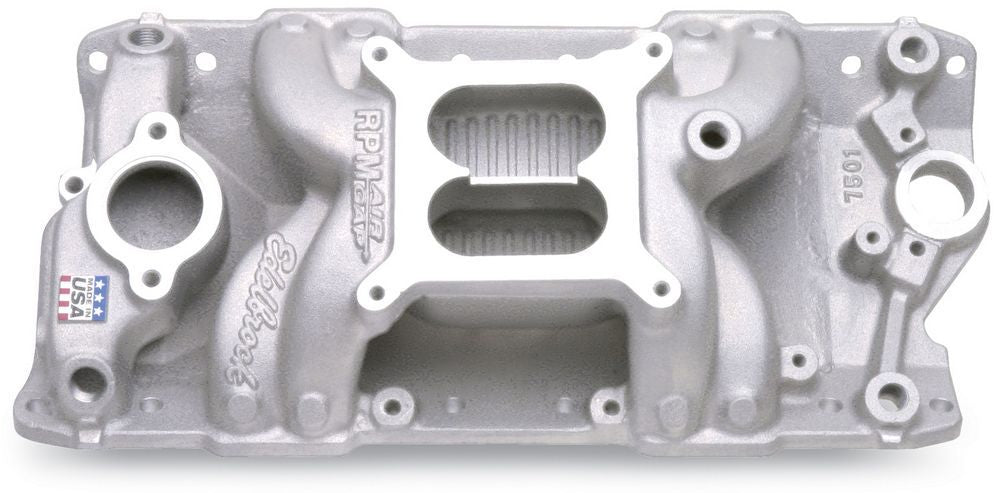 Edelbrock SBC Performer RPM A/G Intake Manifold for Small Block Chevy, Square Bore, Dual Plane, Aluminum, Natural Finish