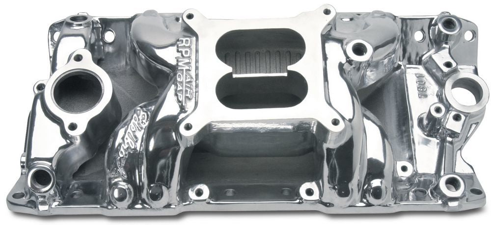 Edelbrock SBC Performer RPM Air Gap Intake Manifold 7501 Polished Aluminum Square Bore Dual Plane