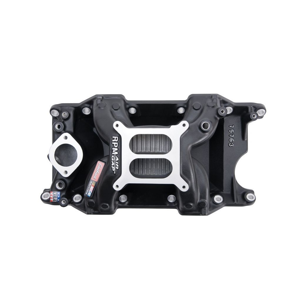 Edelbrock 75763 Performer RPM Air-Gap Intake Manifold for Small Block Mopar, Square Bore, Dual Plane, Aluminum, Black Finish