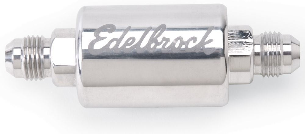 Edelbrock 8129 High Flow In-Line Fuel Filter, 40 Micron Stainless Element, 6 AN Male Inlet and Outlet, Polished Aluminum