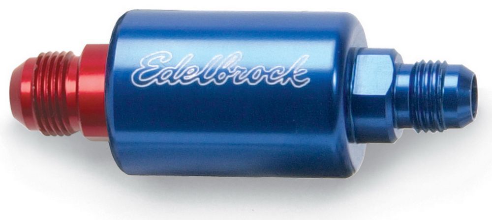Edelbrock 8130 High Flow Inline Fuel Filter with 6 AN Male Fittings, 40 Micron Stainless Element, Blue and Red Anodized Aluminum