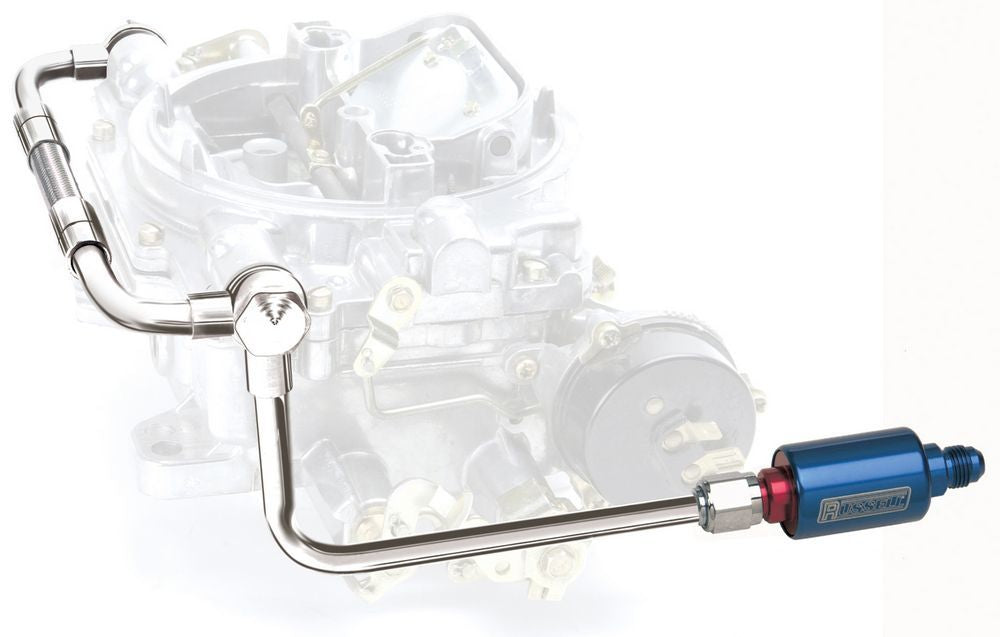 Edelbrock 8133 Dual Feed Fuel Line Kit for Thunder AVS Carburetors with Blue Anodized Filter and Stainless Steel Construction