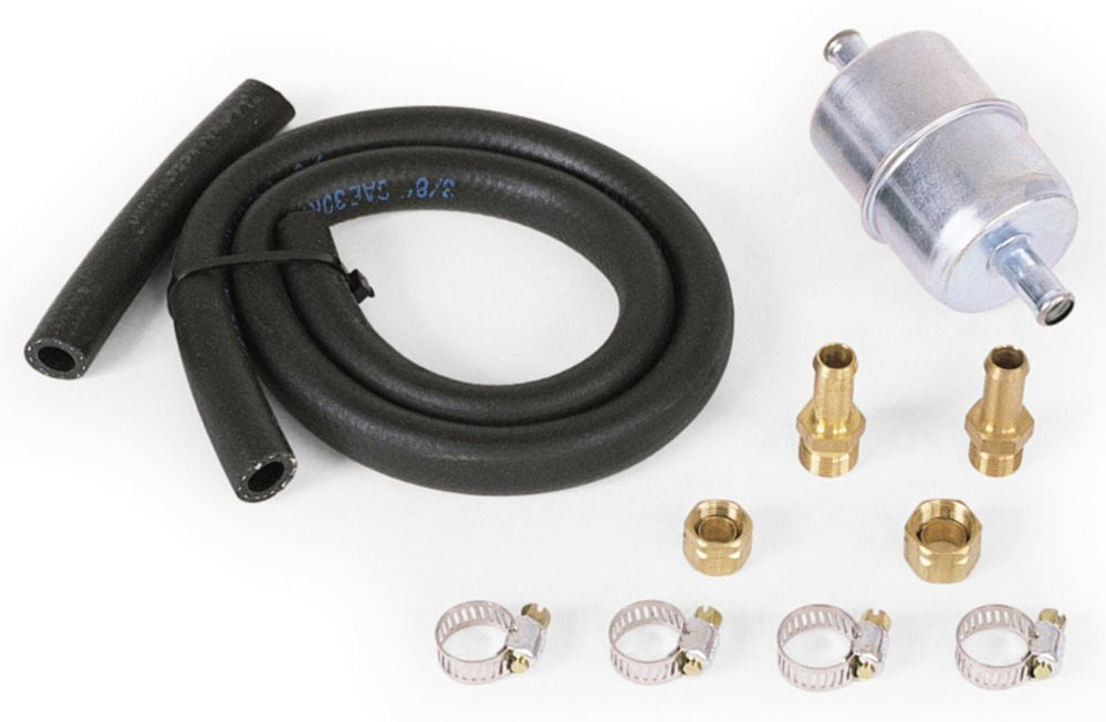 Edelbrock 8135 Fuel Line and Filter Kit with Steel In-Line Filter, 3/8 Inch Hose Barb, 24 Inch Rubber Hose, Fittings, and Clamps