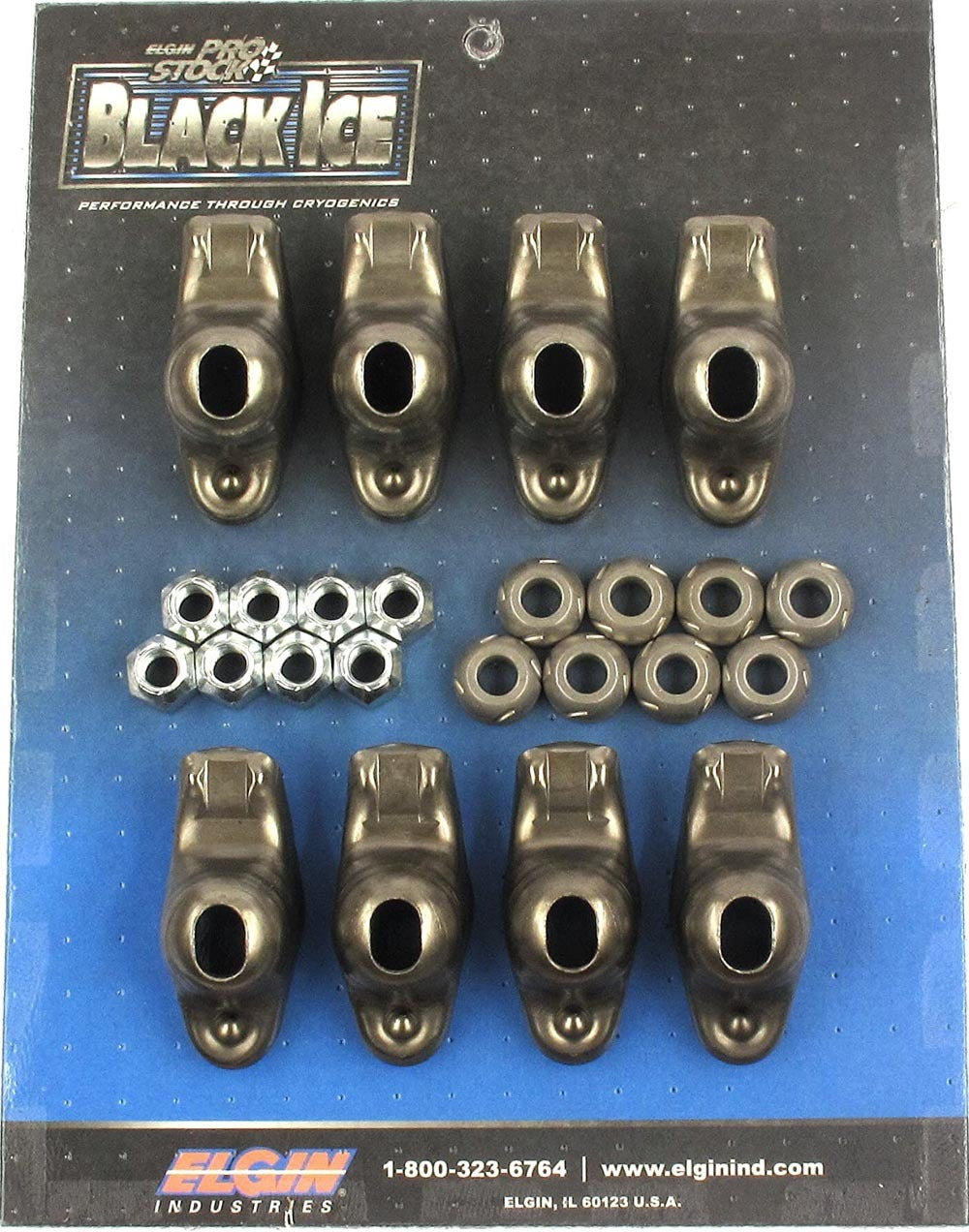 Elgin ICE410738 Black Ice Rocker Arm Kit for Small Block Chevy, 1.60 Ratio, 3/8 Inch Stud Mount, Steel, OEM/Long Slot, Set of 8
