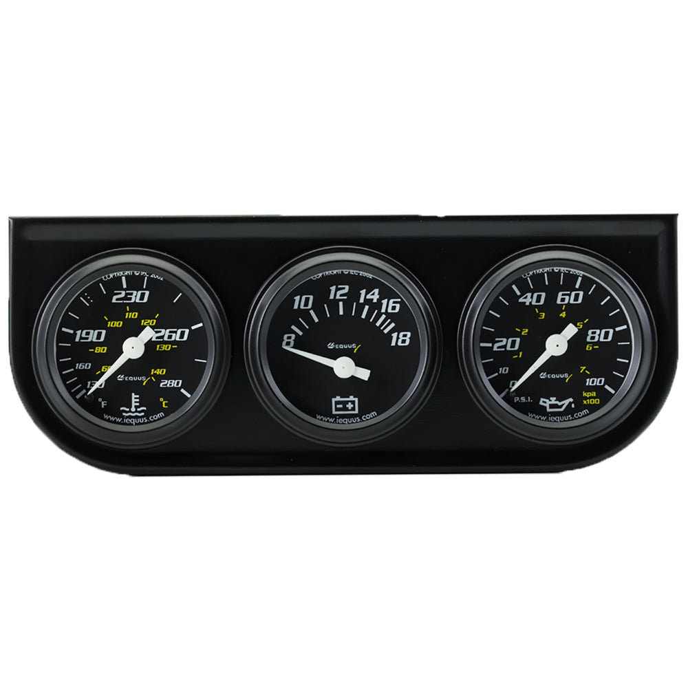 EQUUS E6100 6000 Series Triple Gauge Set with Black Panel for Oil Pressure, Voltmeter, and Water Temperature, 1-1/2 Inch Diameter