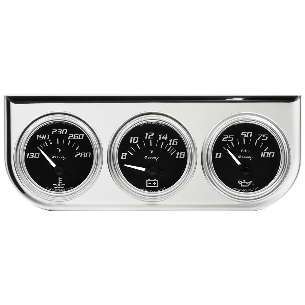 EQUUS E7200 7000 Series Triple Gauge Set with Chrome Panel, 2 Inch Diameter, Analog Oil Pressure, Voltmeter, Water Temperature Gauges