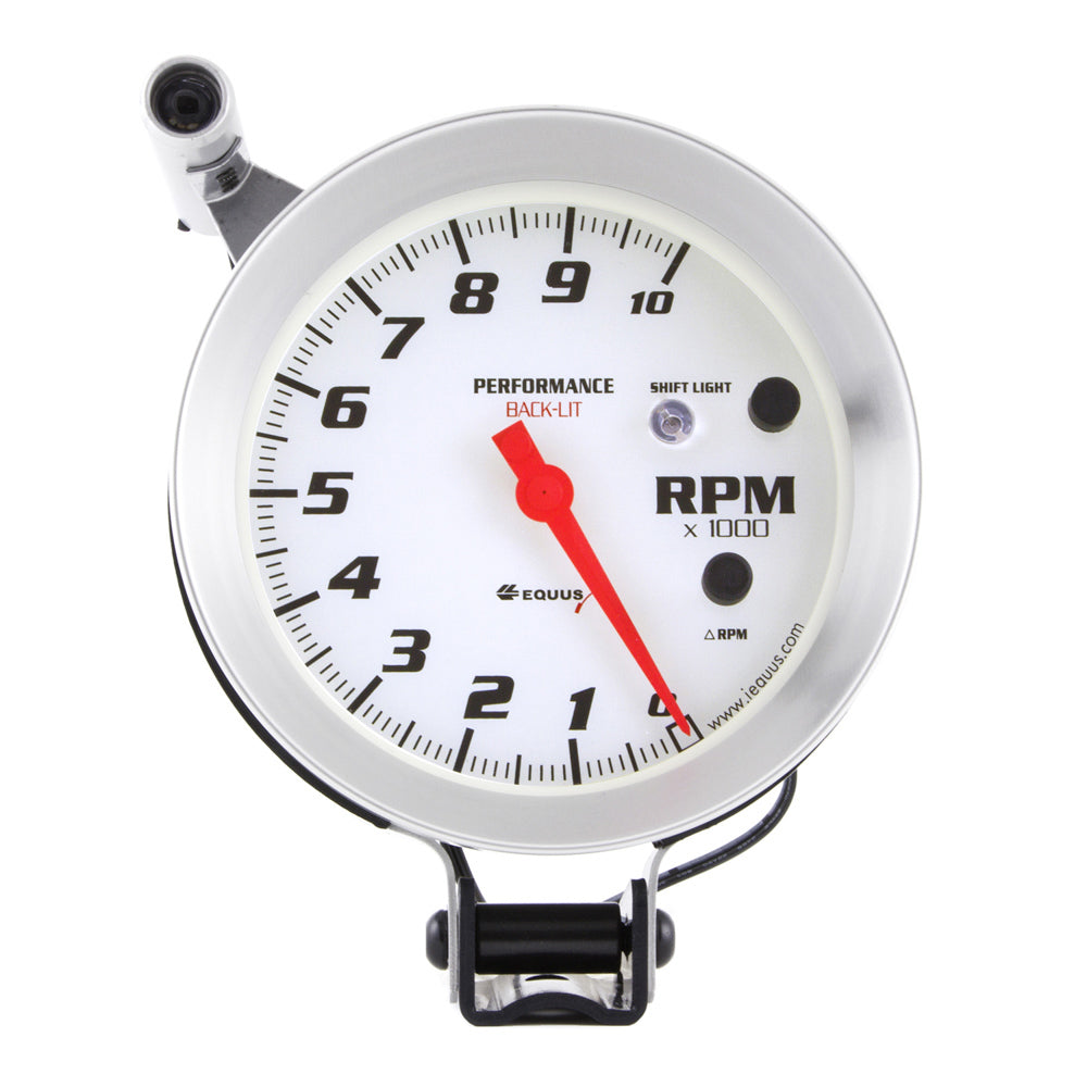 EQUUS E8080 5-Inch Diameter Tachometer with 10,000 RPM, Analog Electric Gauge, White Face, Pedestal Mount with Shift Light
