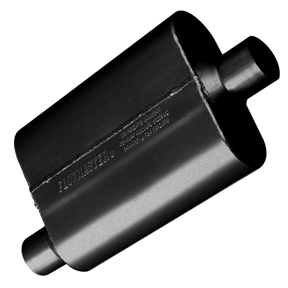 Flowmaster 42441 40 Series Performance Muffler with 2.25 Inch Offset Inlet and Center Outlet, 13x9.5x4 Inch Oval Steel Body, Black Paint Finish