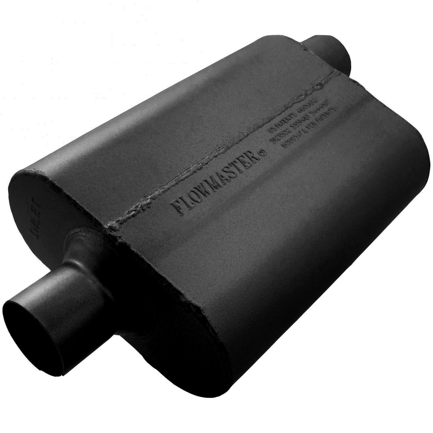 Flowmaster 42542 40 Series Muffler with 2.5 Inch Center Inlet and Offset Outlet, Steel, Black Finish