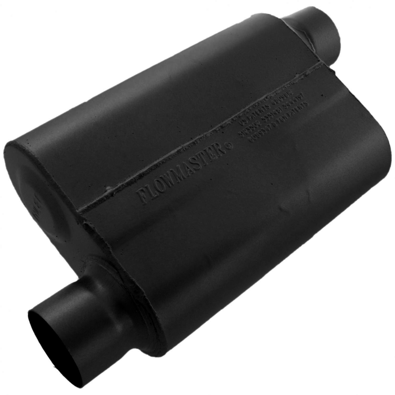 Flowmaster 43043 40 Series Performance Muffler with 3 Inch Offset Inlet and Outlet, 13 x 9.5 x 4 Inch Oval Steel Body, Black Finish